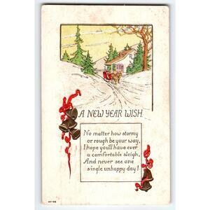 Vintage 1917 New Year Postcard Horse Sleigh Winter Scene Bells